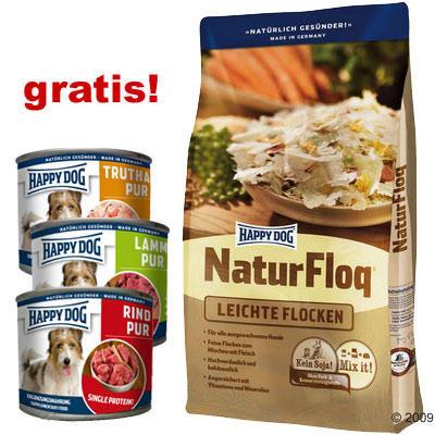 10 kg Happy Dog Flocken 3 x 200 g Nassfutter gratis Happy Dog 5 Korn Flocken
