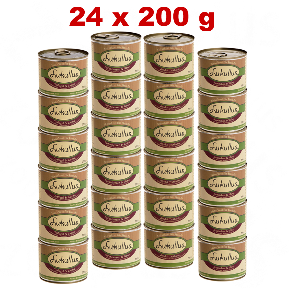 Sparpaket Lukullus 24 x  200 g - Variante I Gefluegel & Lamm, Kaninchen & Wild, Wildkaninchen & Truthahn, Putenherzen & Gans