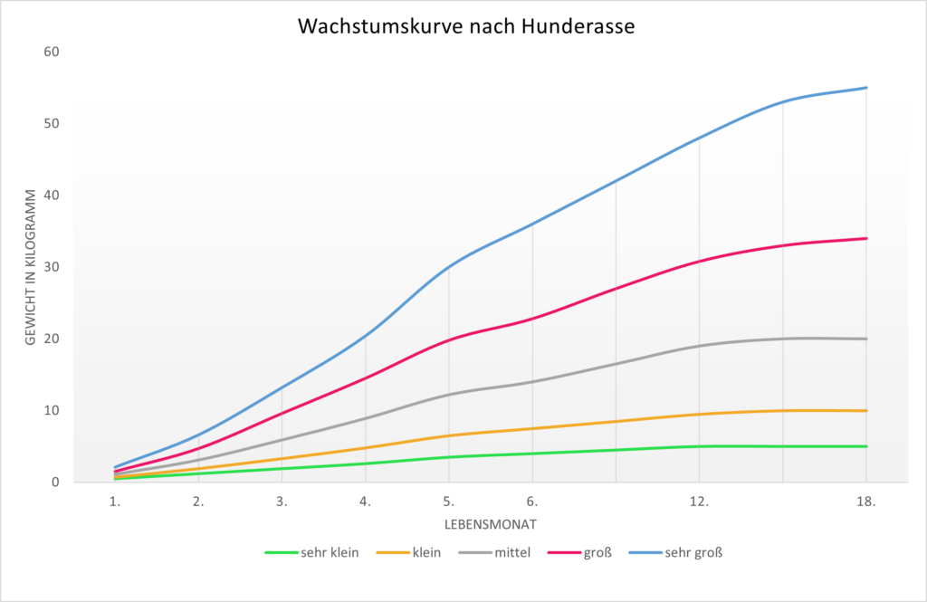 Die Wachstumskurve zeigt die Gewichtsentwicklung von Welpen. Wachstumstabelle für Hunderassen