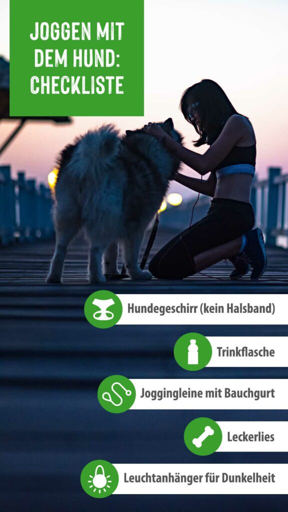 Eine Frau streichelt ihren Hund auf einem Steg Checkliste Jogging mit Hund