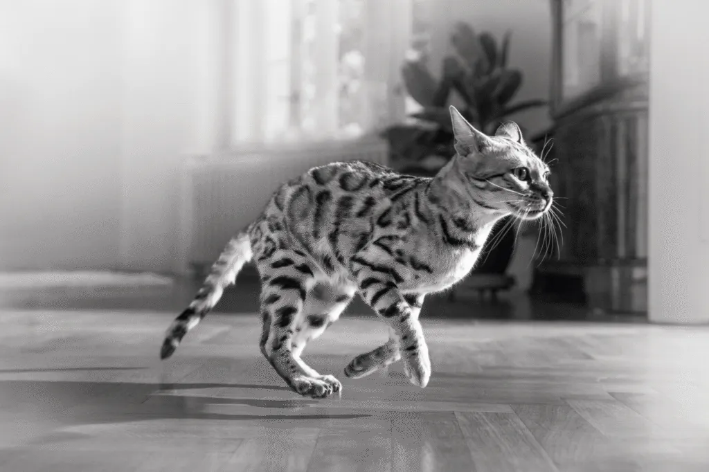 Eine wählerische Katze rennt begeistert durch den Raum, während sie auf ihre Lieblingsleckereien wartet.